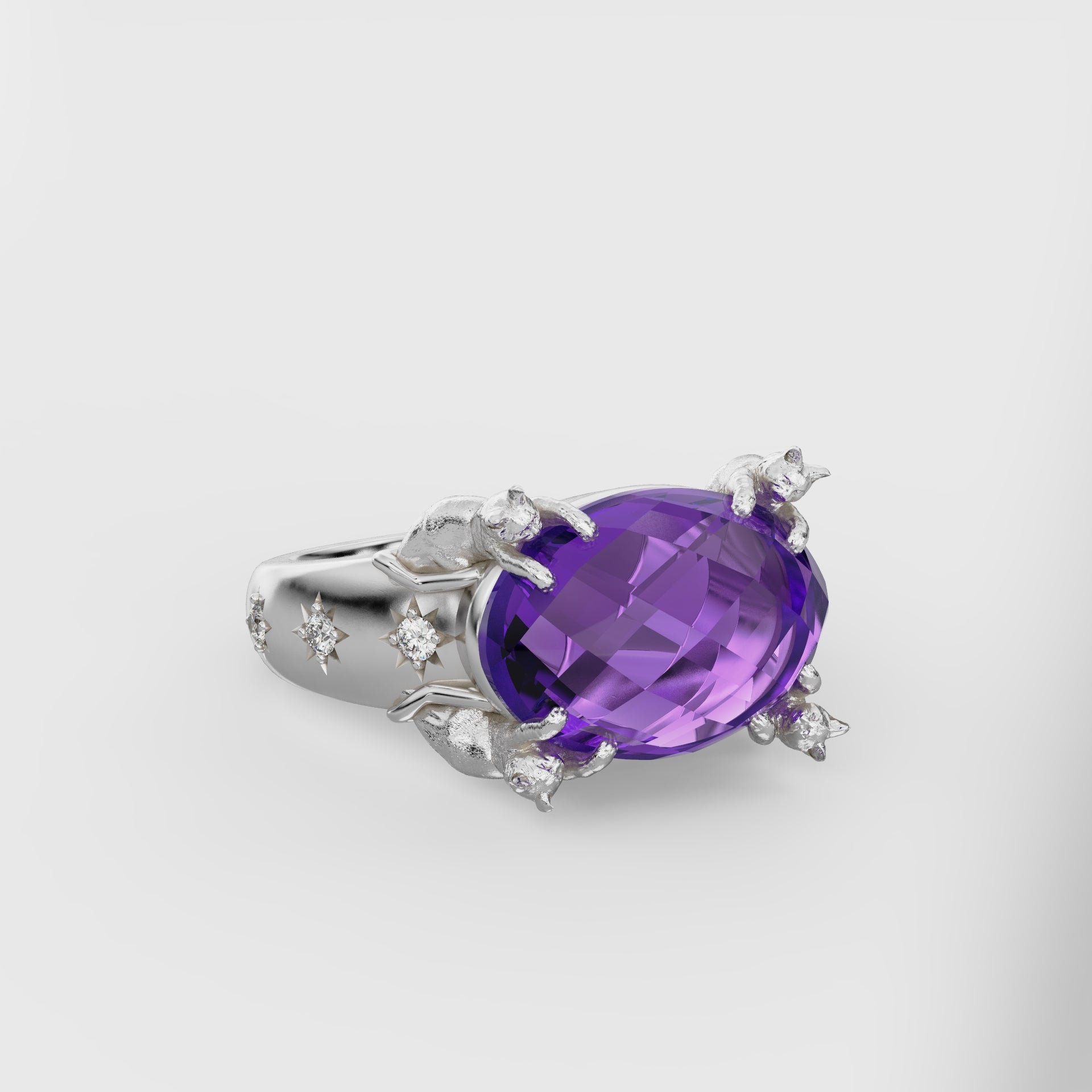 Wide Celestial Cat Prong Ring - East/West Oval