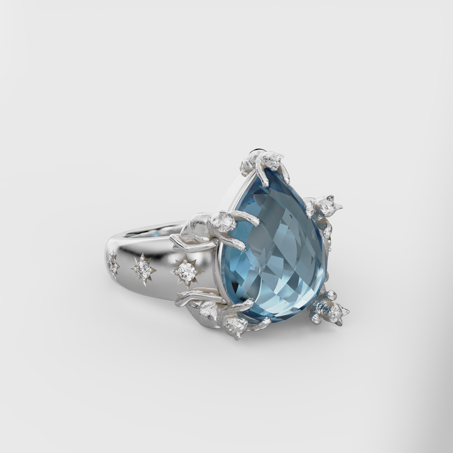 Wide Celestial Cat Prong Ring - Pear