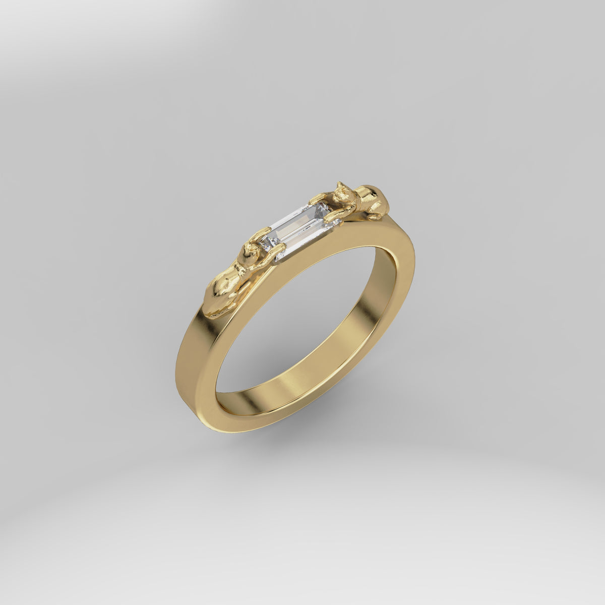 Thin Band Cat Baguette Ring - 14k Gold