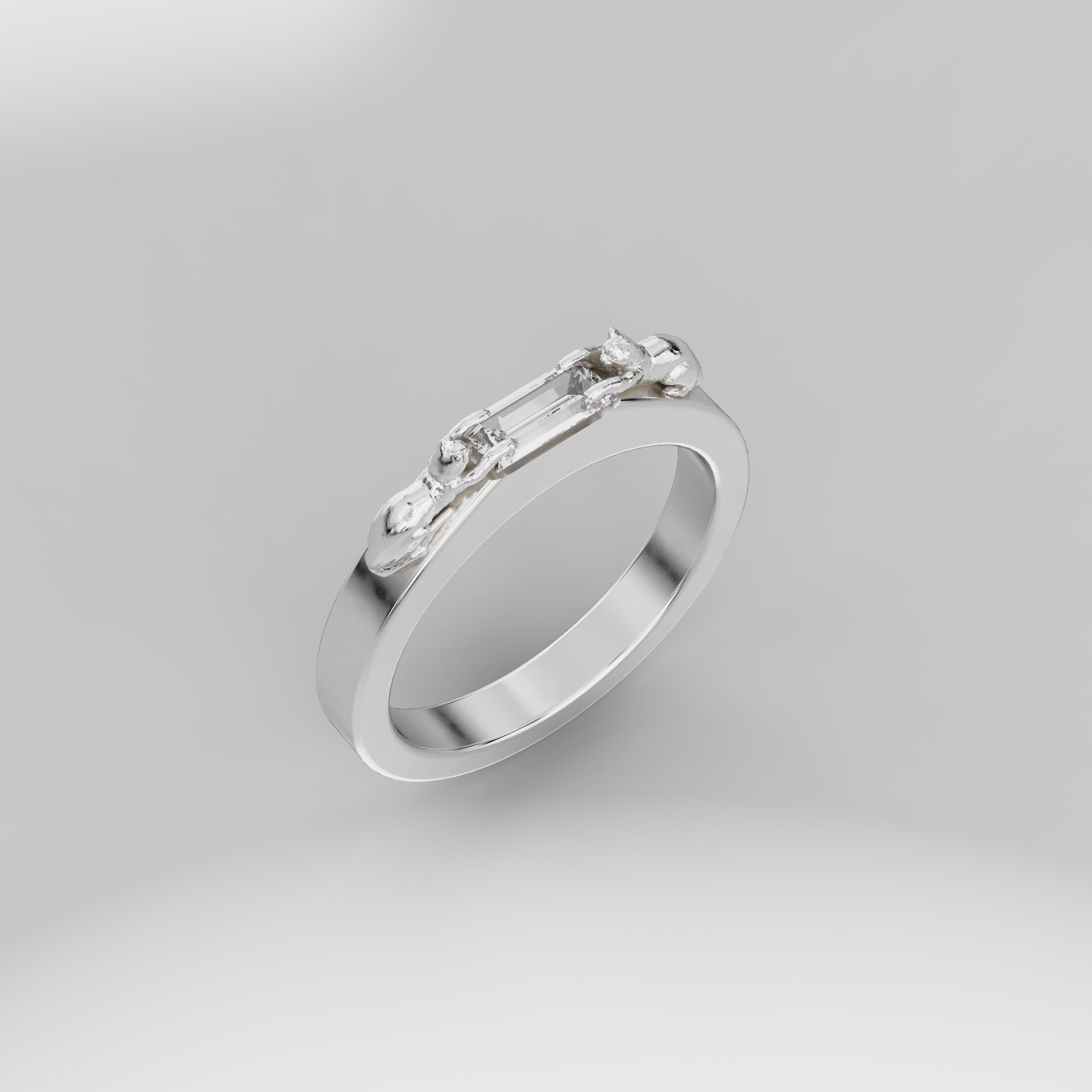 Thin Band Cat Baguette Ring - Silver
