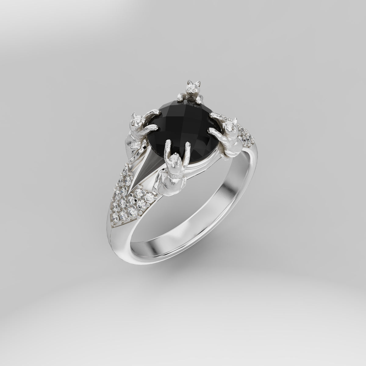 Petite Cat Signet Ring with diamonds - 8mm Round