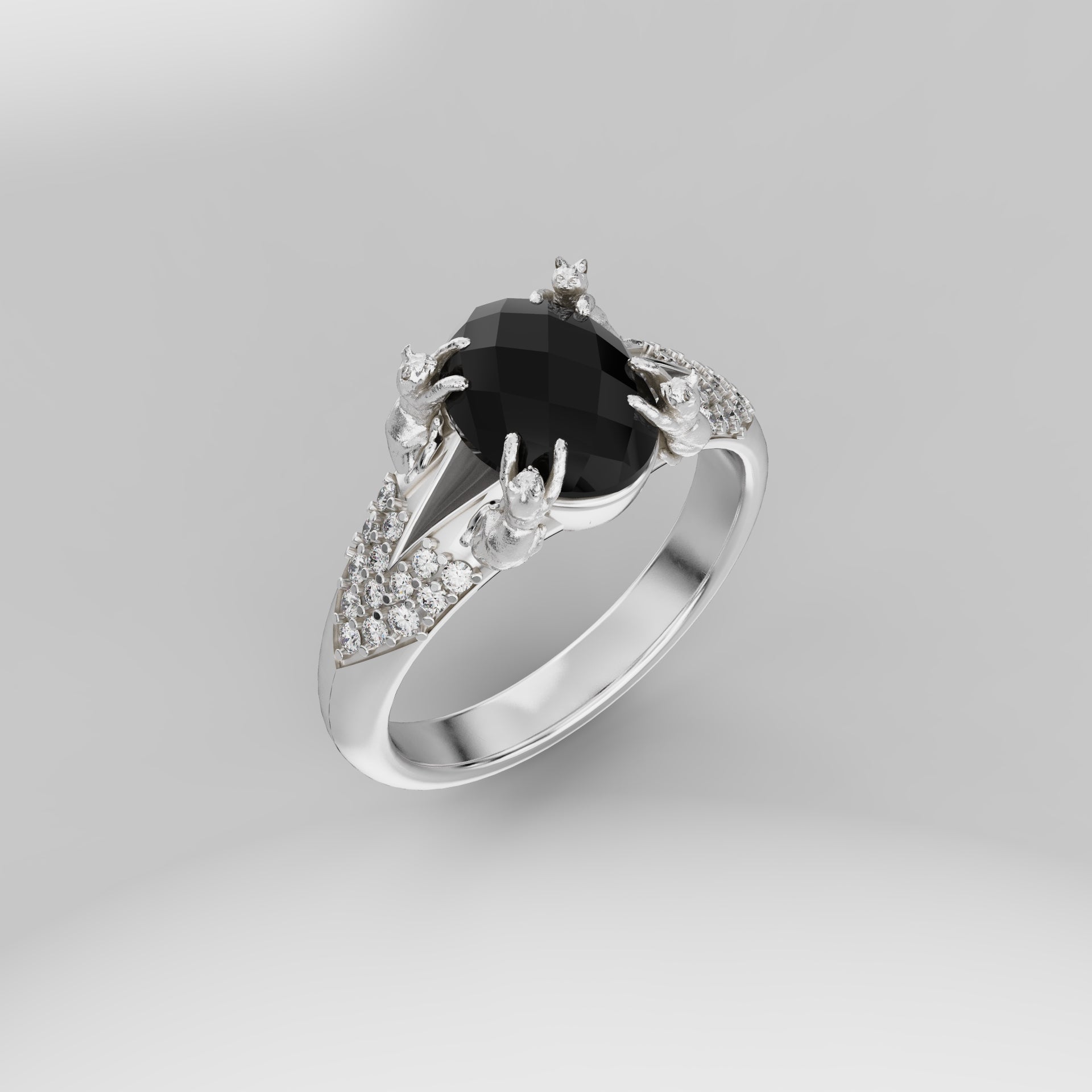Petite Cat Signet Ring with Diamonds - 9x7 Oval
